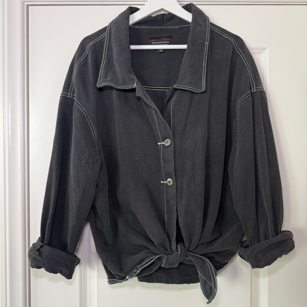 Black Button-Up Denim Shirt with Tie Front